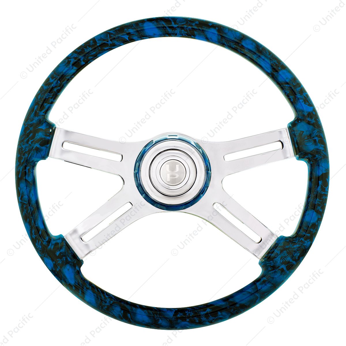 18" 4 Spoke Skull Steering Wheel With Matching Skull Horn Bezel - Blue