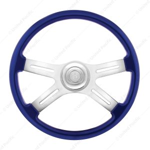 18" Candy Color 4 Spoke Steering Wheel With Chrome Horn Bezel And Horn Button-Indigo Blue