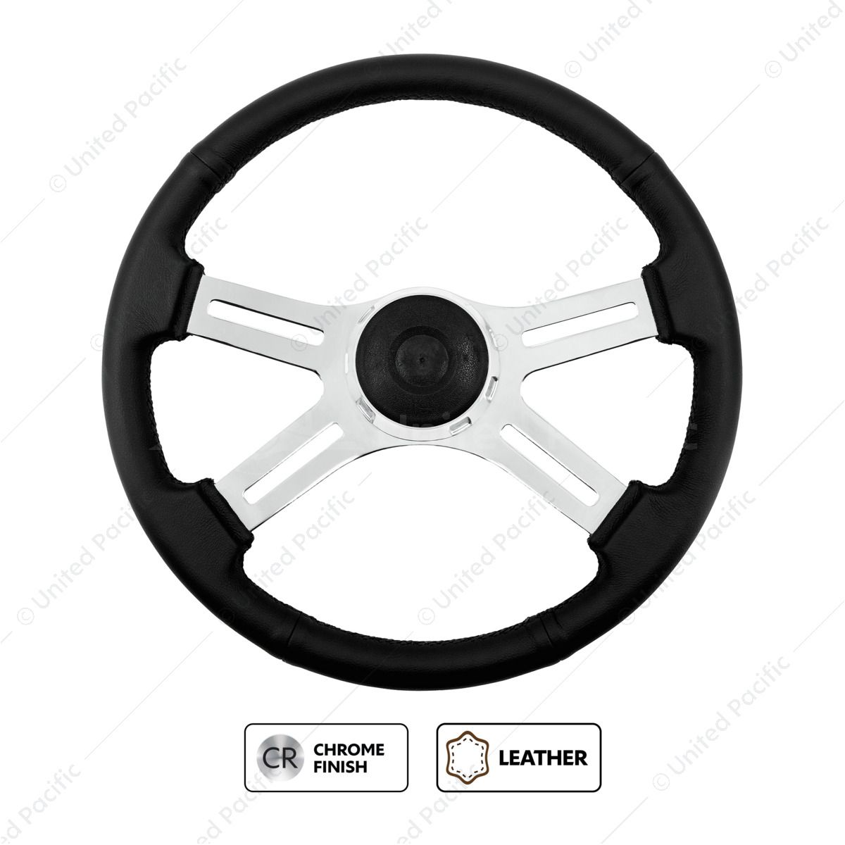 18" Black Leather Rim 4 Spoke Steering Wheel With Chrome Horn Bezel and Horn Button
