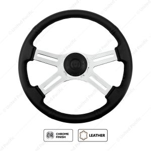 18" Black Leather Rim 4 Spoke Steering Wheel With Chrome Horn Bezel and Horn Button