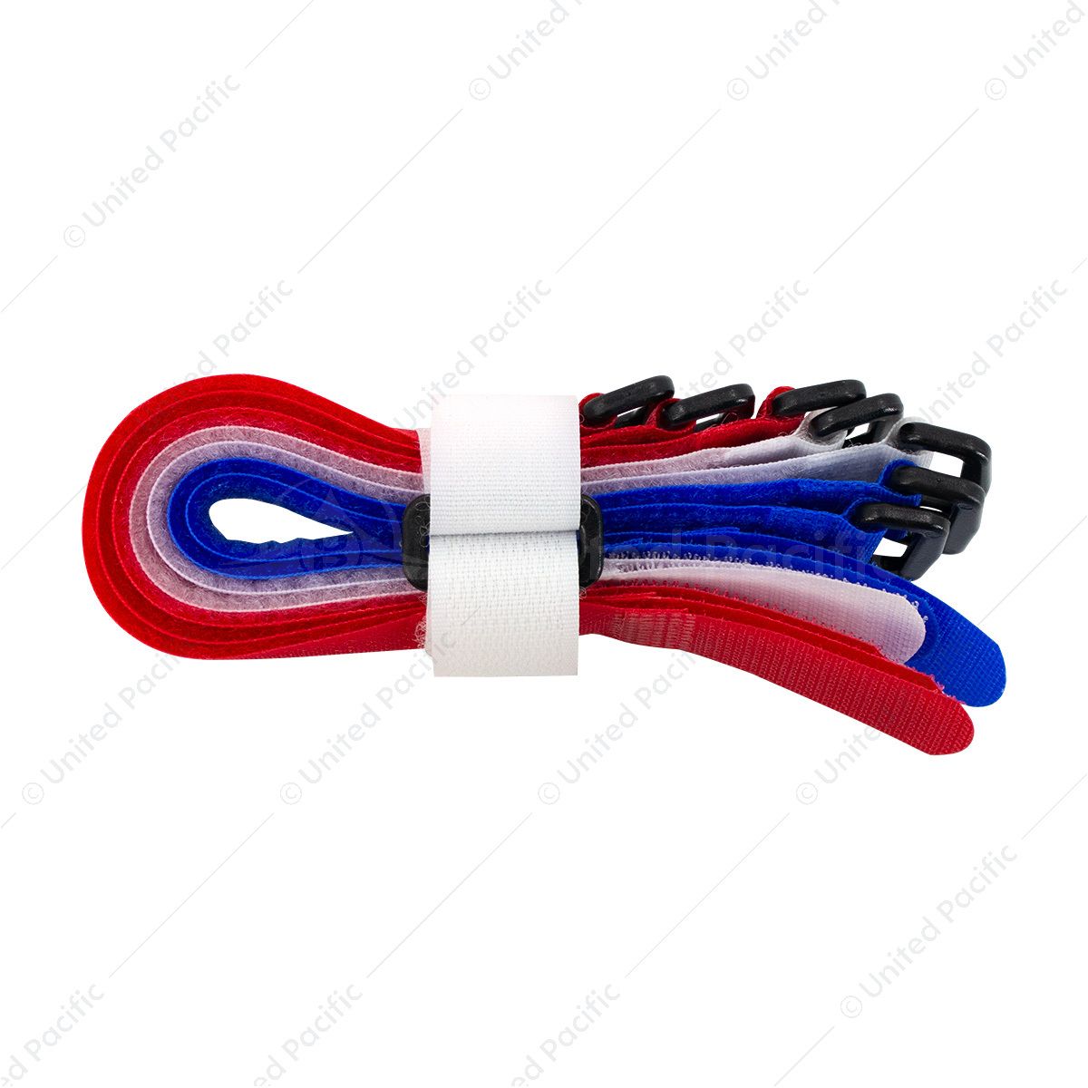 8" x 3/4"  Red,White,Blue Hook & Loop Velcro Strip-Tie Fasteners with Buckle (8-Pack)