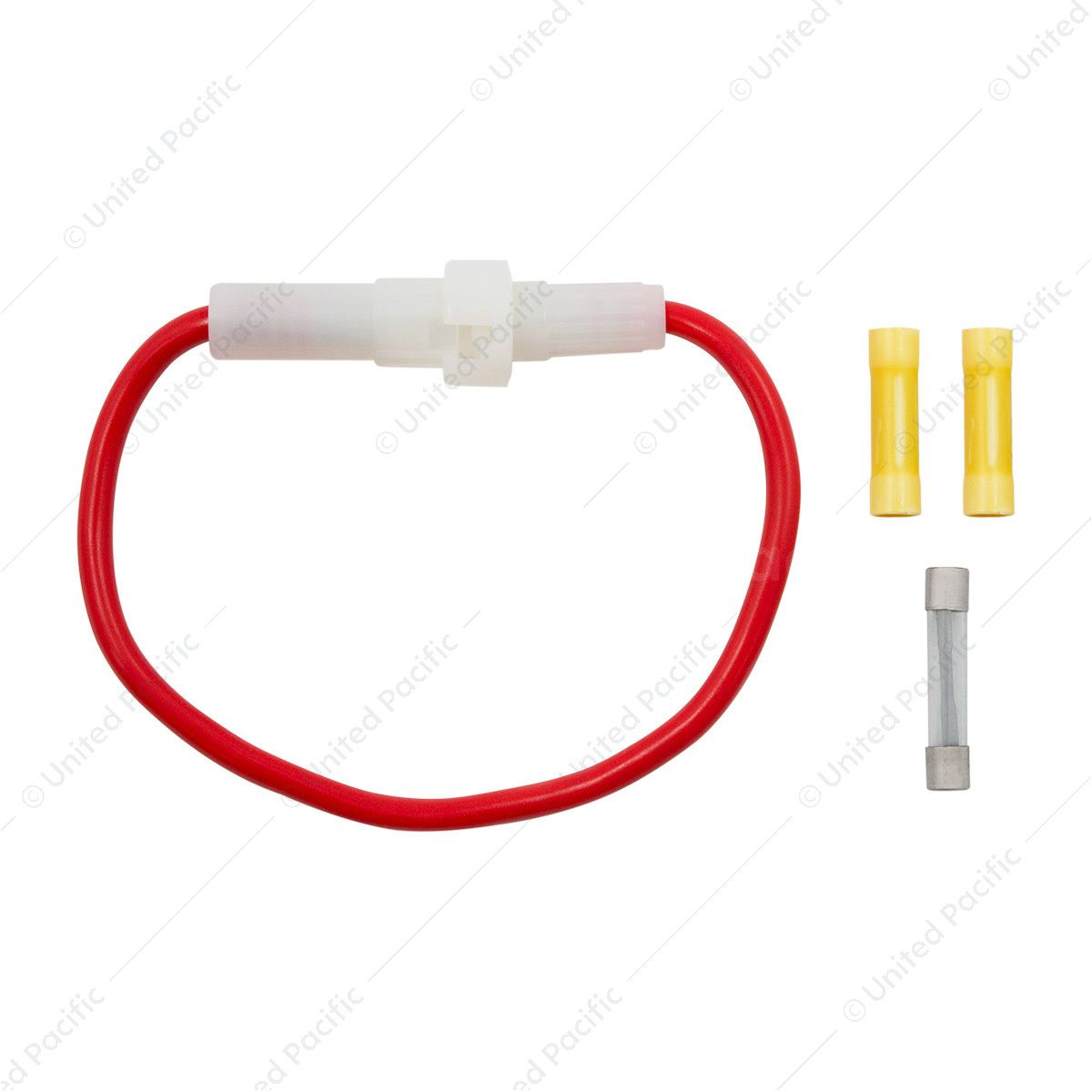 In-Line Glass Fuseholder 10 AWG 6.5" Wire w / (1)30 Amp AGC Fuse & (2)Vinyl Terminals, 1 Set.