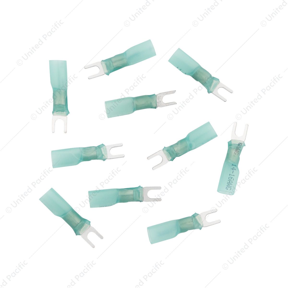 16-14 AWG #6 Stud CS Heat Shrink Spade Terminal - Blue (10-Pack)