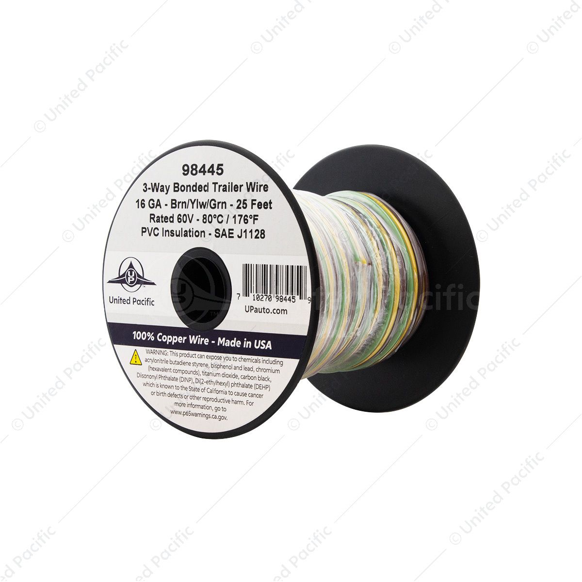 Trailer Wire Bonded - Rated 80°C 16 AWG 3-Way, Brn/Ylw/Grn 25 Ft.