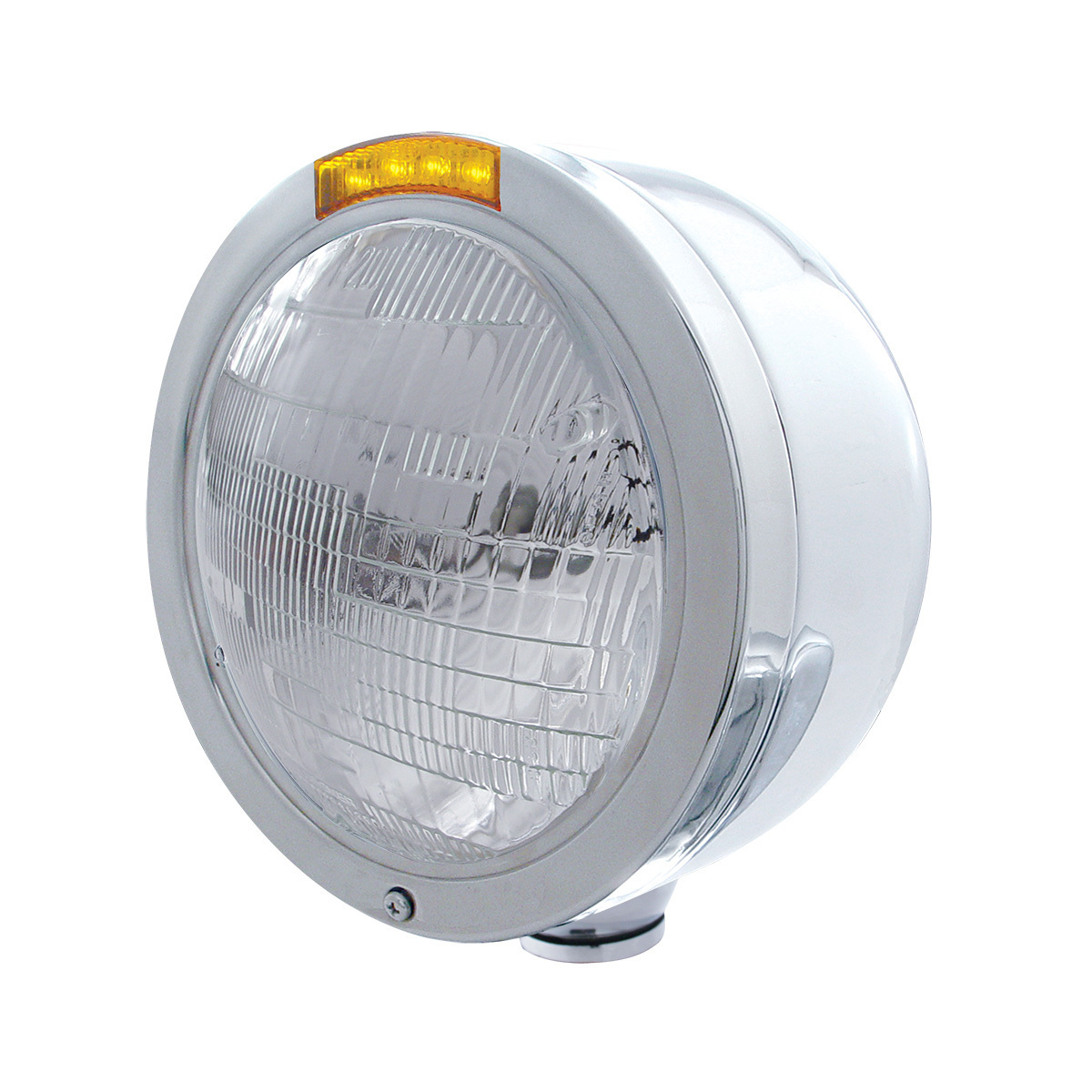 Stainless Steel Bullet Half Moon Headlight 6014 Bulb & LED Turn Signal - Amber Lens