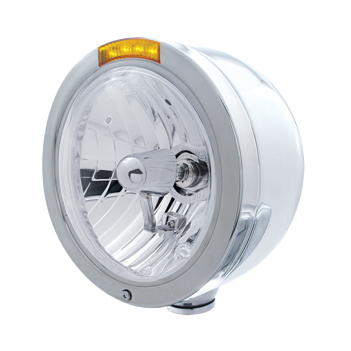 Stainless Steel Bullet Half Moon Headlight Crystal H4 Bulb & LED Turn Signal - Amber Lens