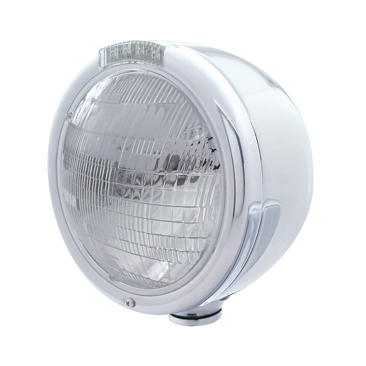 Stainless Steel Classic Half Moon Headlight 6014 Bulb & LED Turn Signal - Clear Lens