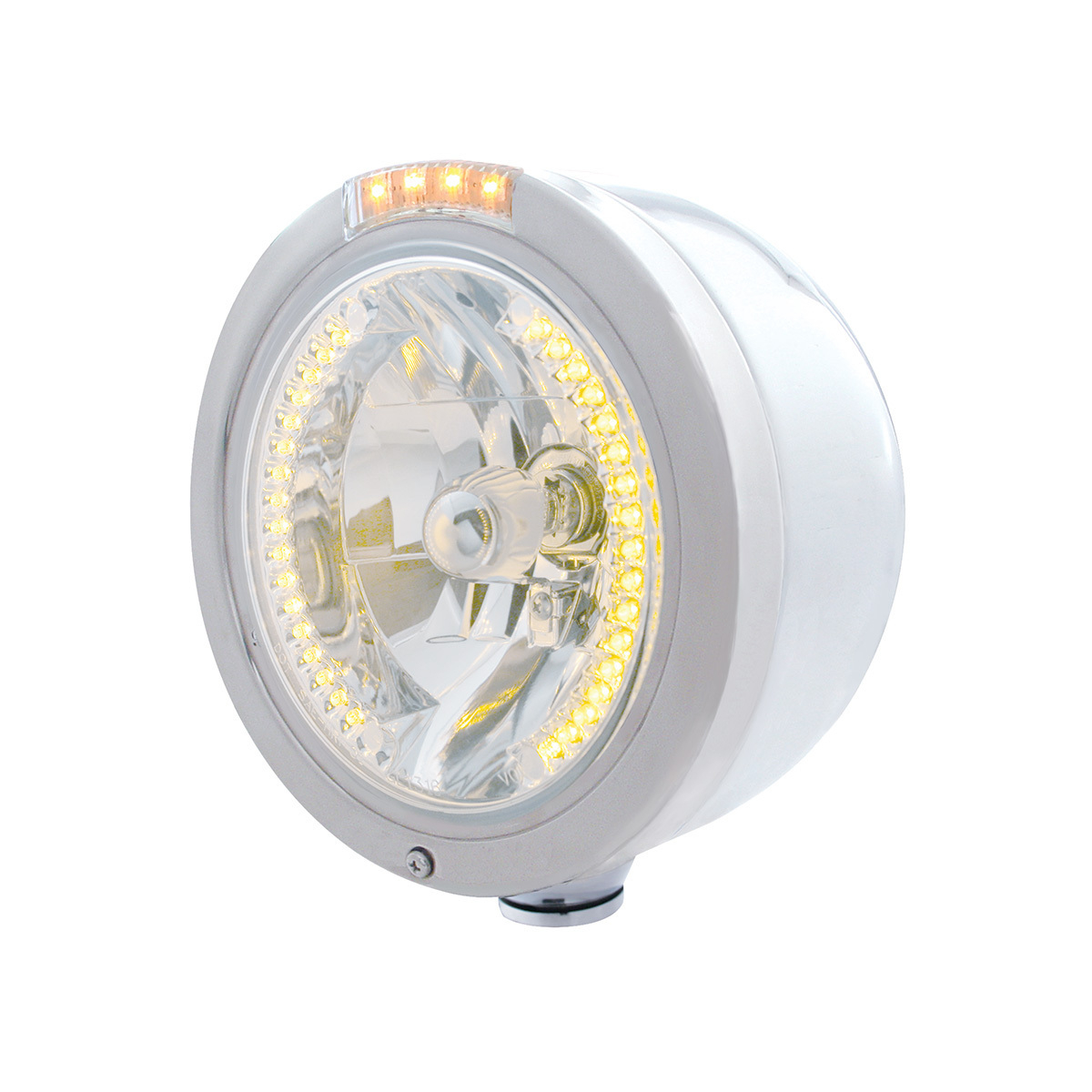 Stainless Steel Bullet Half Moon Headlight H4 With Amber LED & Signal - Clear Lens