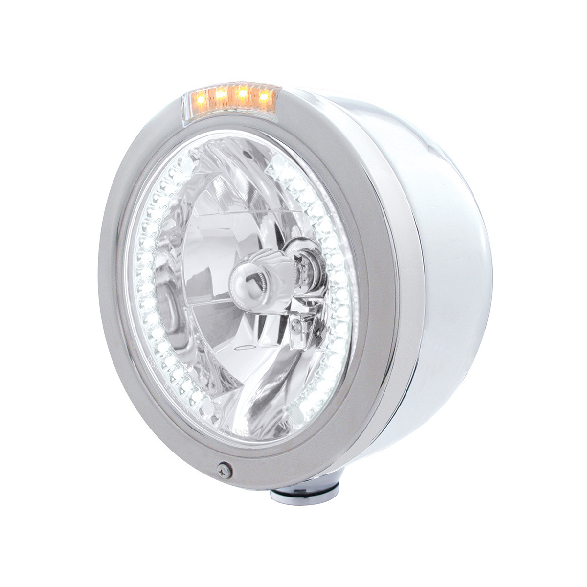 Stainless Steel Bullet Half Moon Headlight H4 With White LED & Dual Mode LED Signal-Clear Lens