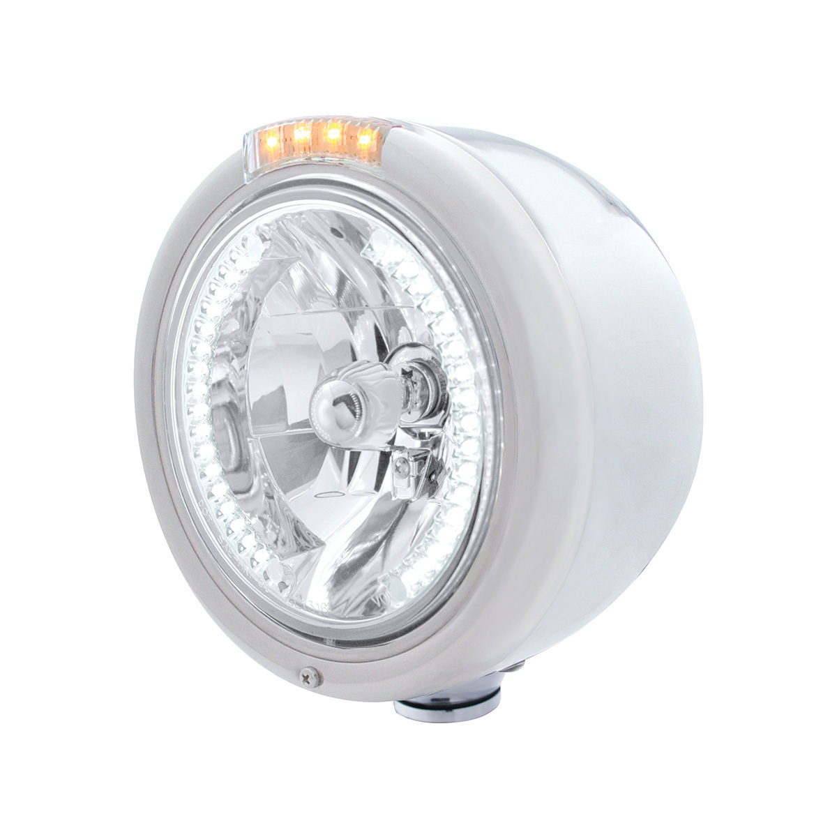 Stainless Steel Classic Half Moon Headlight H4 With White LED & Dual Mode LED Signal-Clear Lens