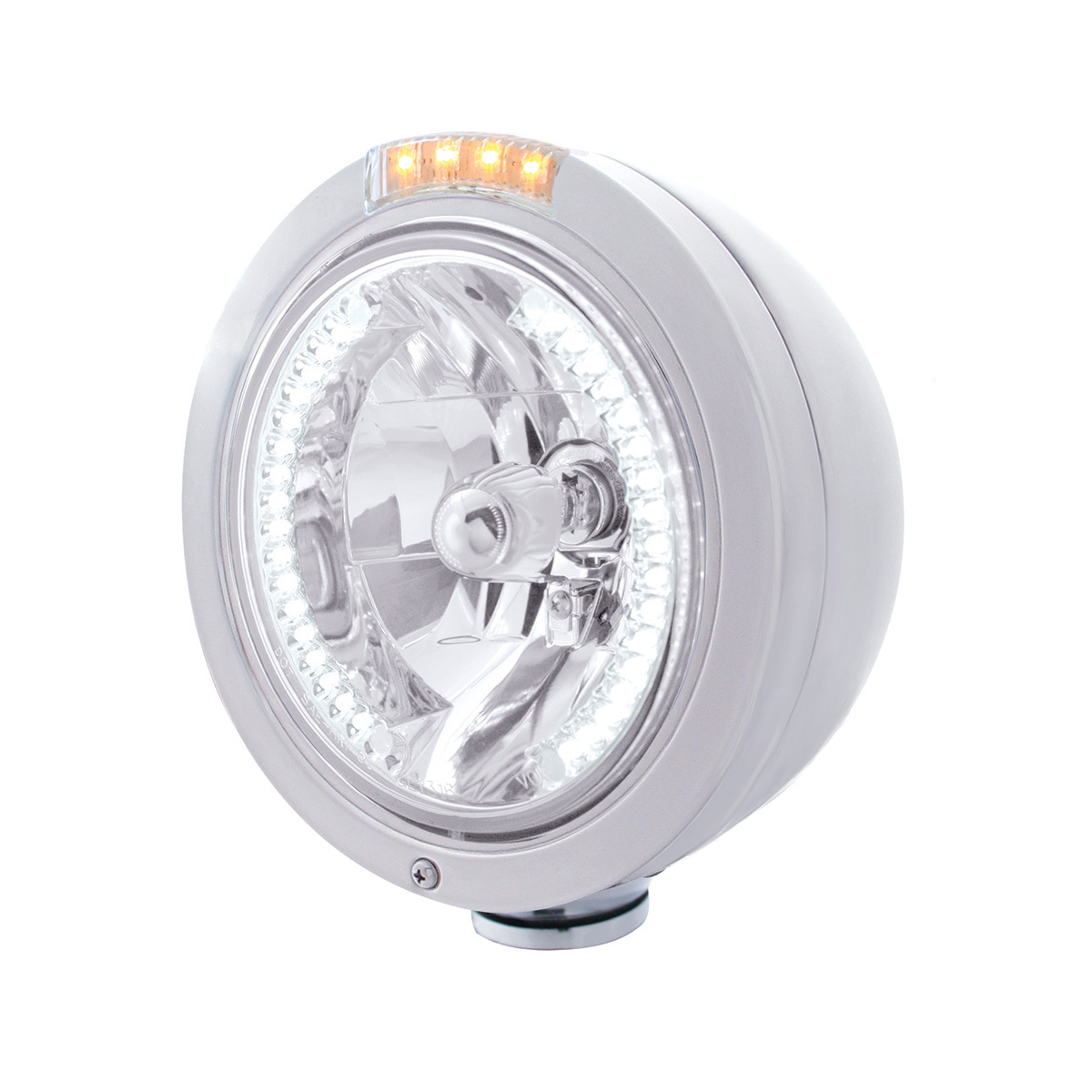 Stainless Steel Bullet Classic Headlight H4 With White LED & Dual Mode LED Signal-Clear Lens