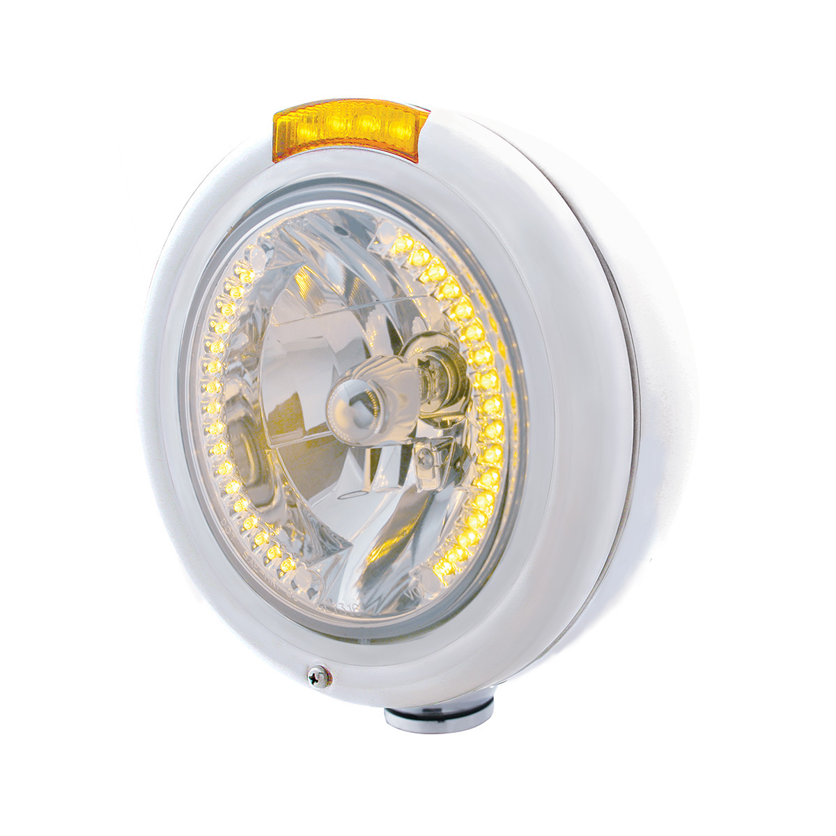 Stainless Steel Classic Headlight H4 With 34 Amber LED & Signal - Amber Lens
