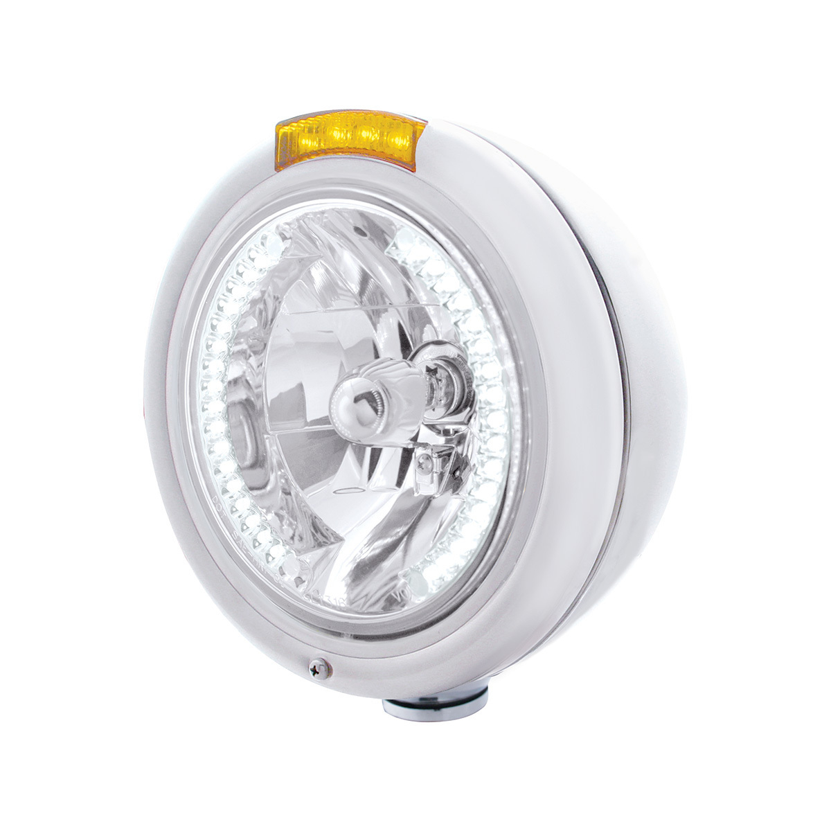 Stainless Steel Classic Headlight H4 With 34 White LED & Dual Mode LED Signal - Amber Lens