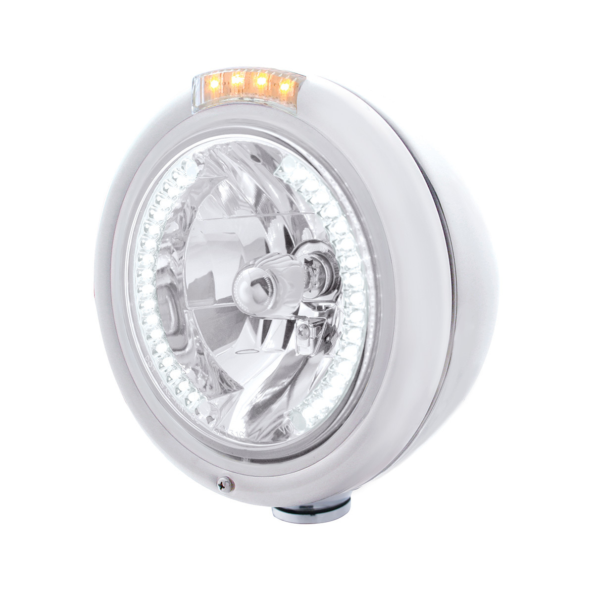 Stainless Steel Classic Headlight H4 With 34 White LED & Signal - Clear Lens