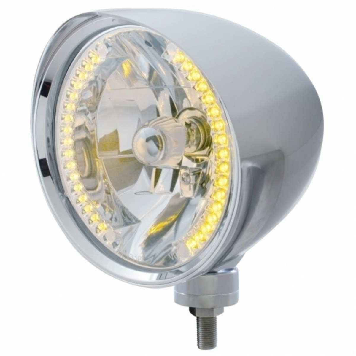 Chrome "Chopper" Headlight With Smooth Visor H4 Bulb With 34 Amber LED