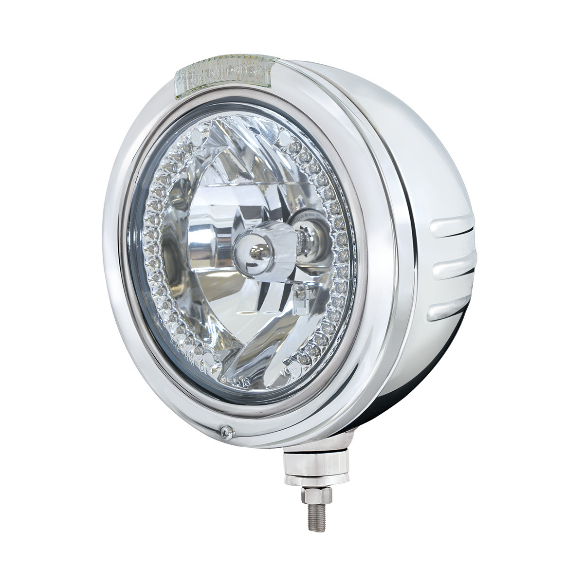 Stainless Steel Bullet Embossed Stripe Headlight H4 With White LED & Dual Mode LED Signal - Clear Le