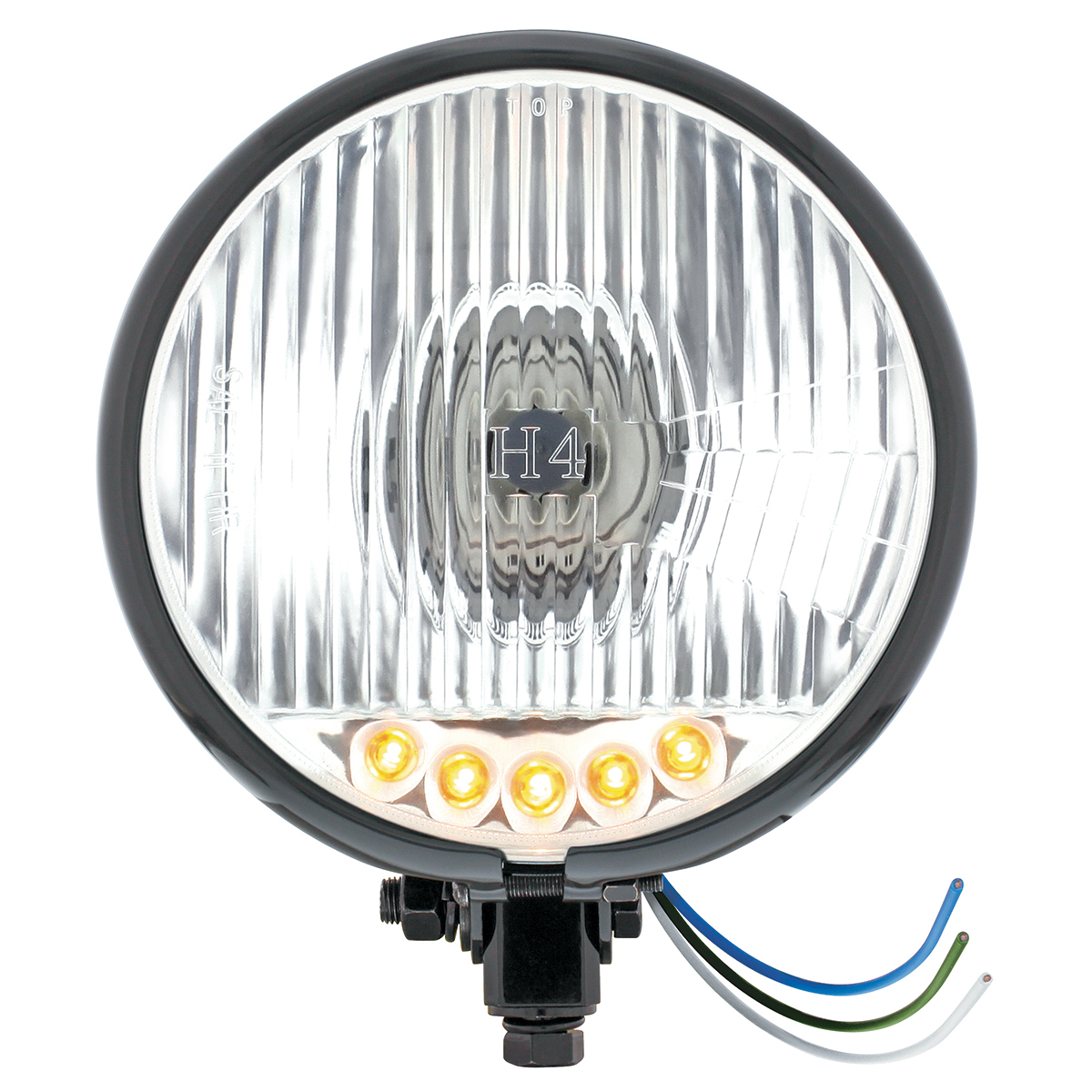 Black 5-3/4" Motorcycle Headlight H4 Bulb With 5 Amber LED - Bottom Mount