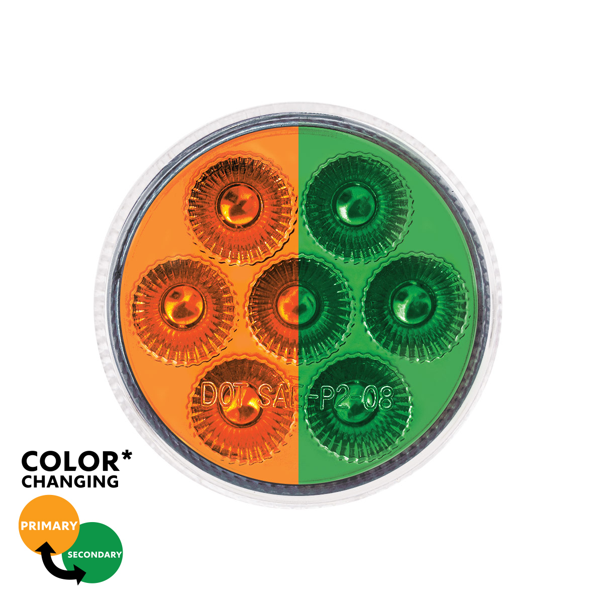 7 LED 2" Round Double Fury Light (Clearance/Marker) - Amber & Green LED/Clear Lens