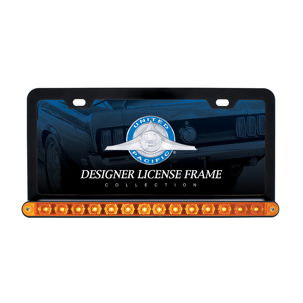 Black License Plate Frame With 14 LED 12" Light Bar - Amber LED/Amber Lens
