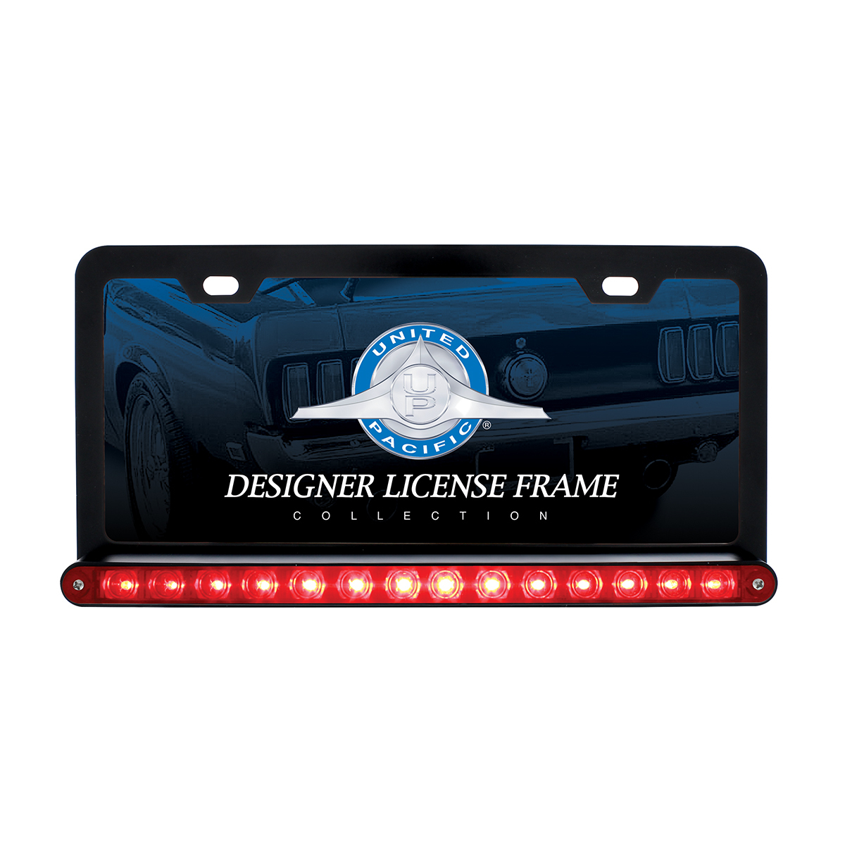 Black License Plate Frame With 14 LED 12" Light Bar - Red LED/Red Lens