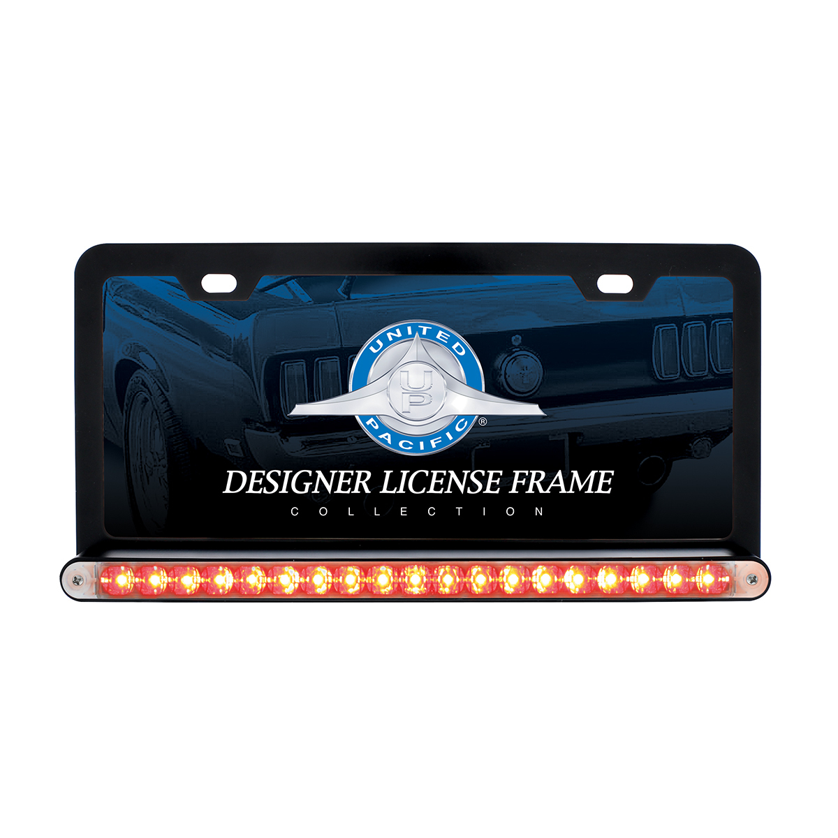 Black License Plate Frame With 19 LED 12" Reflector Light Bar - Red LED/Clear Lens