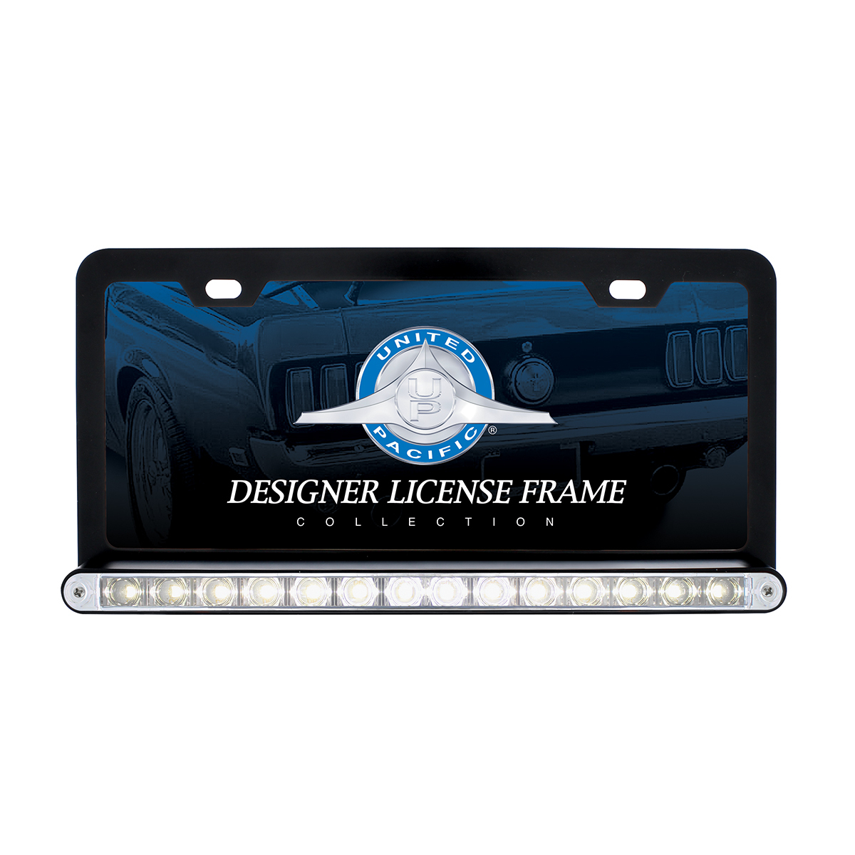 Black License Plate Frame With 14 LED 12" Light Bar - White LED/Clear Lens