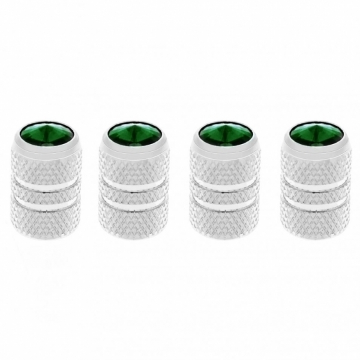 Chrome Tubular Valve Caps With Green Crystal (Set of 4)