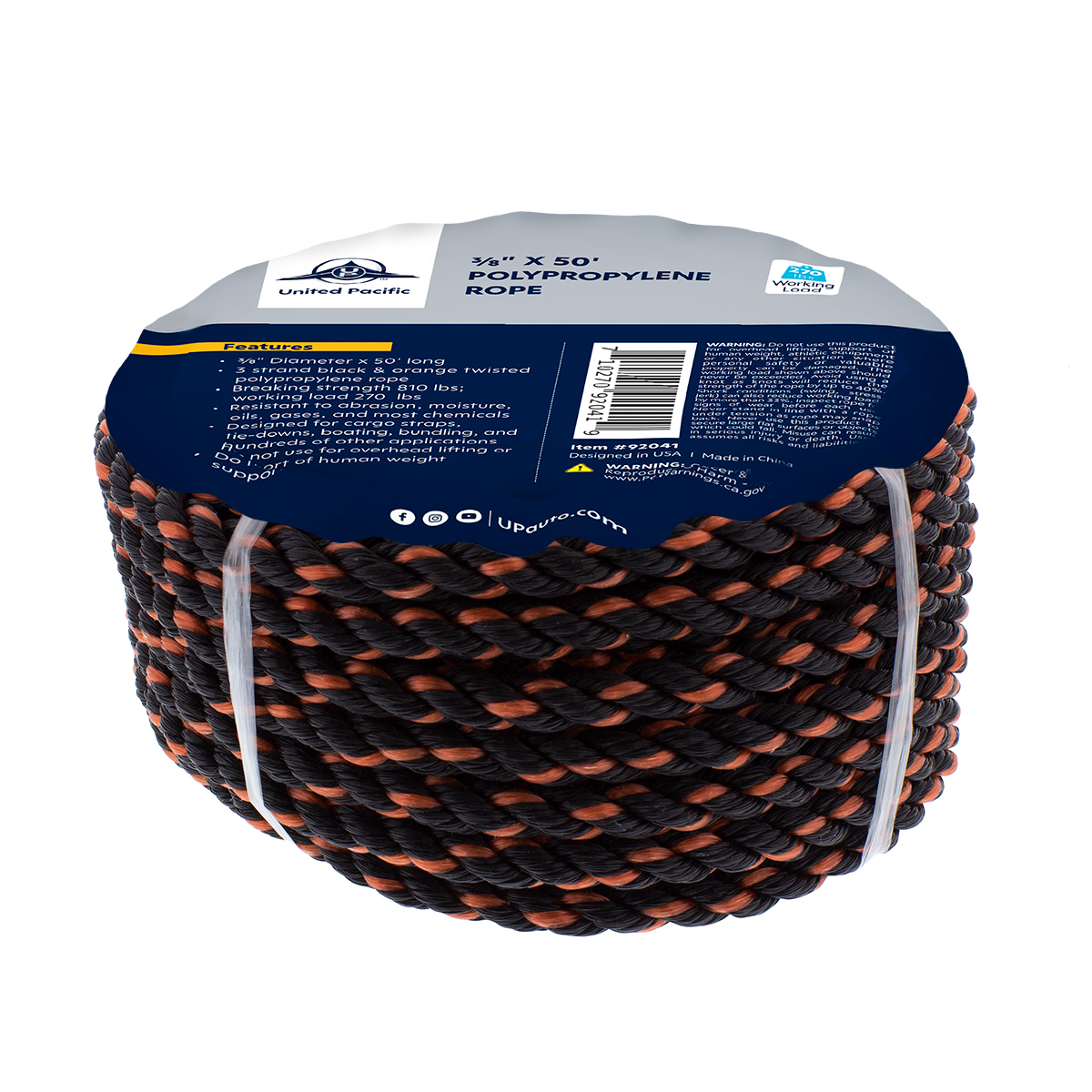 3/8" x 50' 3-Strand Twisted Black & Orange Polypropylene Rope