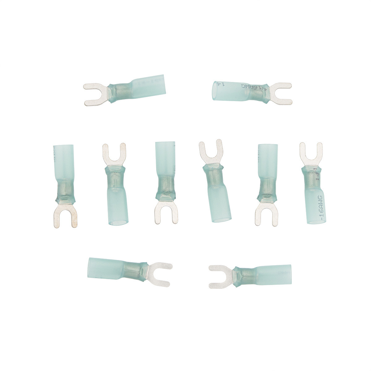 16-14 AWG #8 Stud CS Heat Shrink Spade Terminal - Blue (10-Pack)