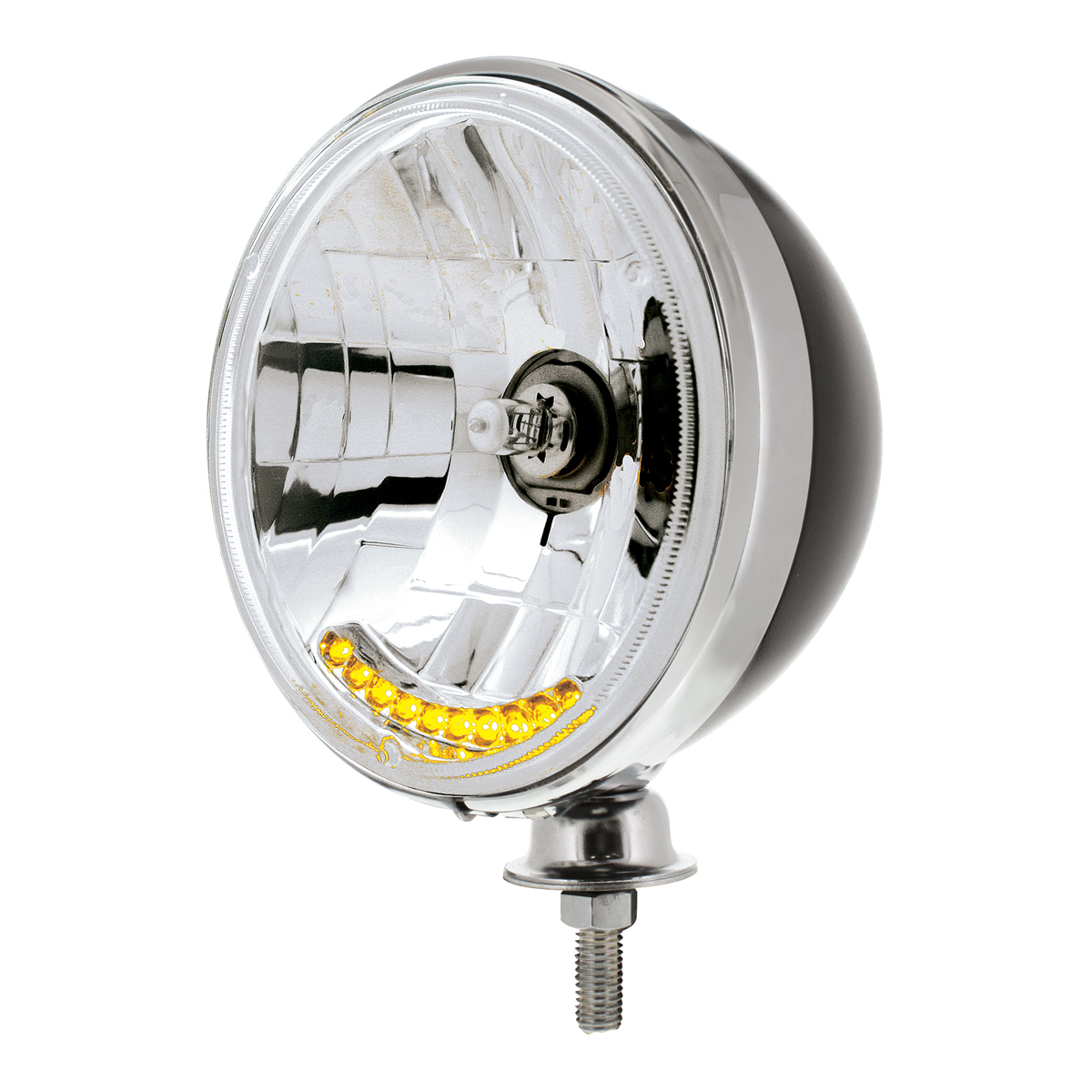 7" Black Dietz Style Headlight Housing & Chrome Rim With 12 Volt Crystal Halogen Bulb & 10 Amber LED