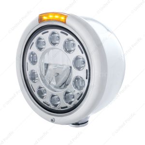 Stainless Classic Half Moon Headlight 11 LED Bulb & LED Signal - Amber Lens
