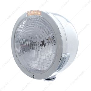 Stainless Steel Bullet Half Moon Headlight H6024 Bulb & LED Turn Signal - Clear Lens