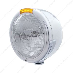 Stainless Steel Classic Half Moon Headlight 6014 Bulb & LED Turn Signal - Amber Lens