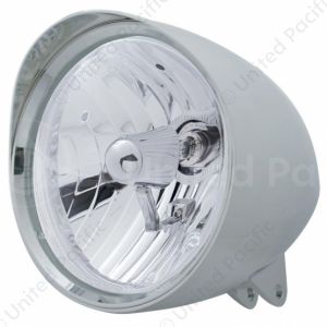 Motorcycle Chrome "Chopper" Headlight With Smooth Visor Crystal H4 Bulb