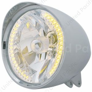 Motorcycle Chrome "Chopper" Headlight With Smooth Visor H4 Bulb With 34 Amber LED