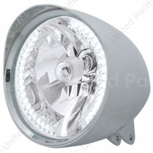 Motorcycle Chrome "Chopper" Headlight With Smooth Visor H4 Bulb With 34 White LED