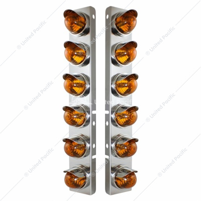 SS Front Air Cleaner Bracket With 12X Glass Beehive Lights & SS Visors For Peterbilt-Amber Lens