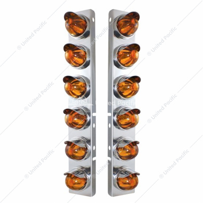 SS Front Air Cleaner Bracket With 12X Glass Watermelon Lights & SS Visors For Peterbilt-Amber Lens