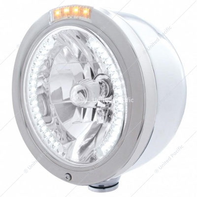 Stainless Steel Bullet Half Moon Headlight H4 With White LED & Dual Mode LED Signal-Clear Lens