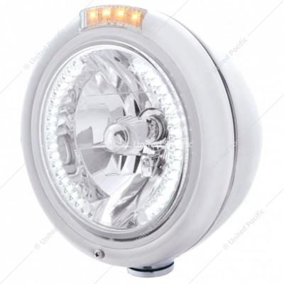 Stainless Steel Classic Headlight H4 With 34 White LED & Signal - Clear Lens