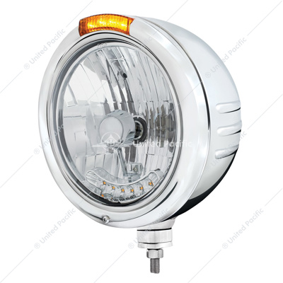 SS Classic Embossed Stripe Headlight H4 With 6 Amber LED & Dual Mode LED Signal -Amber Lens