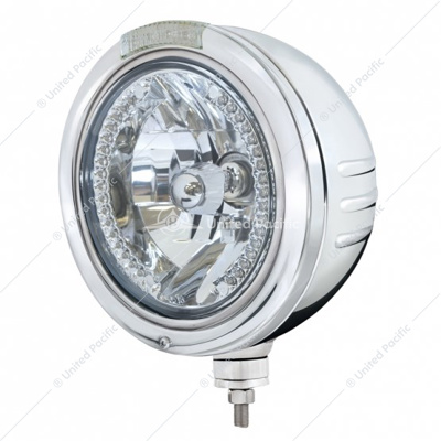 Stainless Steel Bullet Embossed Stripe Headlight H4 With Amber LED & Dual Mode LED Signal - Clear Lens