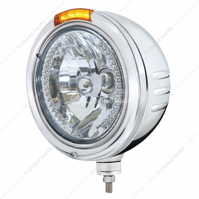 Stainless Steel Bullet Embossed Stripe Headlight H4 With White LED & Dual Mode LED Signal - Amber Lens
